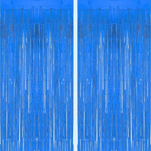 Image of Fine blue Foil Curtain for Decoration - 2 Pcs (3ftx6ft) Curtain for Birthday Decoration | Fringe Curtains for Decoration | blue Foil Curtains for Birthday Decoration | Foil Fringe Curtain