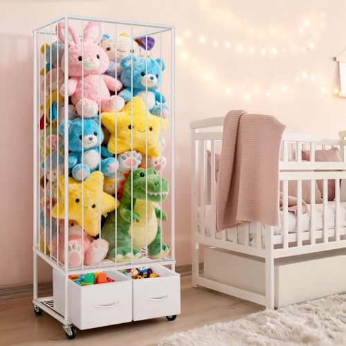 Image of Stuffed Animal Storage - Large Stuffed Animal Zoo Holder with 2 Toy Bins - Plushies Storage with Elastic Band - Metal Plush Toy Organizer Brake Wheels Perfect for Toddler Rooms Playrooms Bedroom
