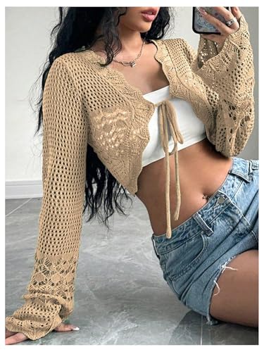 Image of OYOANGLE Women's Crochet Tie Front Sweater Cardigans Bell Sleeve Knitted Cropped Bolero Shrug Cardigan