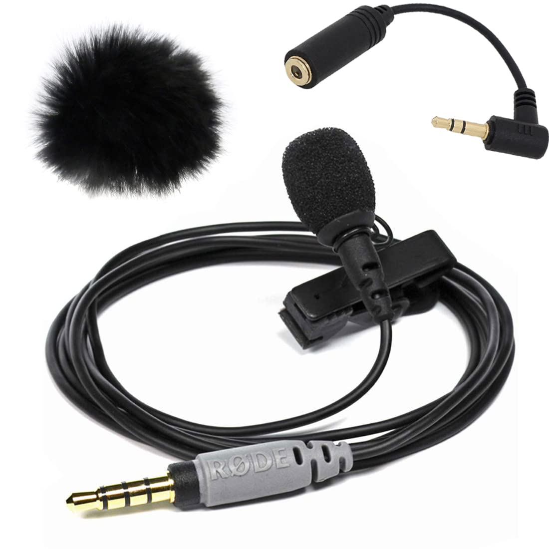 keepdrum RØDE SmartLav+ Lavalier-Mikrofon für Smartphone WS05BK Fell-Windschutz + ADP03 Kabel 3,5mm TRRS-TRS