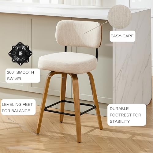 Image of Swivel Bar Stools Set of 2, 26 inch Upholstered Counter Height Bar Stools with Back and Oak Wood Legs, Linen Fabric Upholstered Barstools for Kitchen Counter, Linen Beige