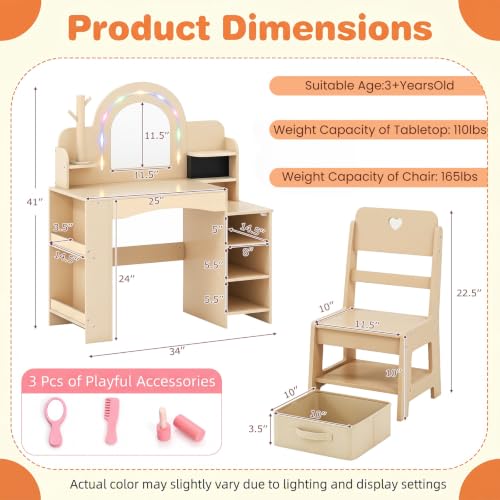 Image of HONEY JOY Kids Vanity, Wooden Girls Vanity Set with Lighted Mirror & Open Bookshelf, Ring Slot & Jewelry Storage, Toddler Makeup Vanity Desk Dressing Table, Kids Vanity Table and Chair Set (Natural)
