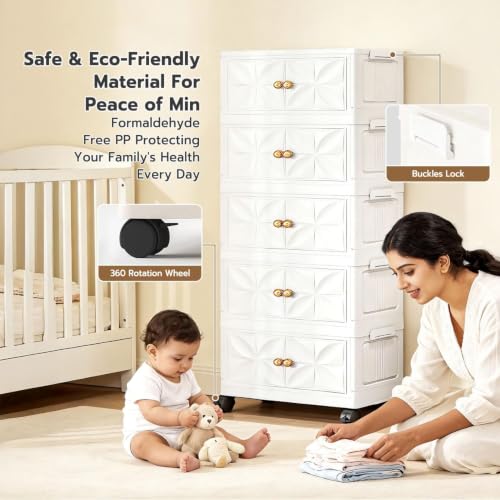 Image of 5 Tier Foldable Plastic Wardrobe Almirah for Storage, Plastic Storage Cabinet with Wheels & Doors, Large Capacity Rack for Kitchen, Bedroom Organizer for Clothes, Home Furniture for Living Room