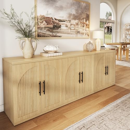 Image of MapleGrace 63 inch Fluted Buffet Cabinet, Oak Credenza with Adjustable Shelf