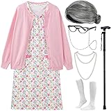 EBYTOP Old Lady Costume for Kids Halloween 100th Day of School Girls Dress up Granny Wig Grandma 100 Days Glasses Cane,1-PK 8-10