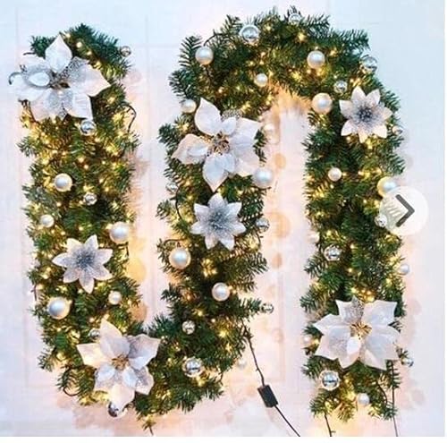 Guirnalda de Navidad con iluminación, 270 cm, artificial, decoración navideña, guirnalda de Navidad, con flores, iluminada, cuerda LED iluminada, decoración para puerta de Navidad, guirnalda de luces Cover