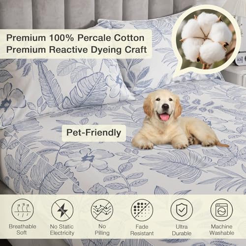 Image of Gray-Blue Floral Percale Sheets California King Hawaii Print, 4Pcs | Deep Pocket Light Beige 100% Cotton Toile Sheet Set, Neutral Flower Leaf Bed Sheets, Shabby Chic Bedding, Tropical Pattern