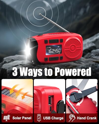 Image of Runningsnail Emergency Weather Radio, 7400mWh Hand Crank Emergency Radio with LCD Display, Support Weather Alert Radio, USB /Solar /Hand Crank, 1W Flashlight & SOS Alarm for Outdoor & Home Emergency