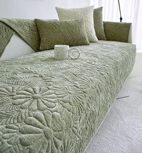 Vctops Luxury Floral Embroidered Sofa Cover Soft Chenille Thick Quilted Sectional Couch Covers Non Slip Sofa Slipcover Furniture Protector For Pets Kids Children Dog Cat (Green,43"X94") #TOP5