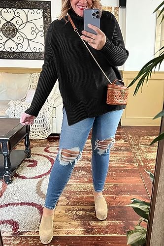 Womens Mock Turtleneck Sweaters Long Batwing Sleeve 2023 Fall Plus Size Asymmetric Hem Vintage Oversized Pullover Sweater Winter Tops Black