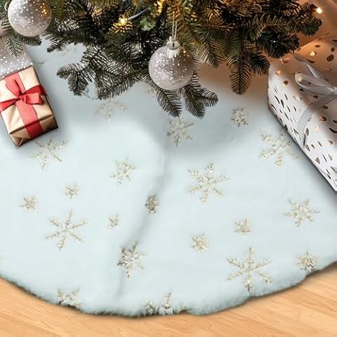 White Faux Fur Christmas Tree Skirt - Soft, Fluffy Snow Tree Skirt for Xmas Trees - Elegant Farmhouse Holiday Decor - Christmas Tree Rug Skirt for Party Essentials (Gold, 48 Inch) Cover