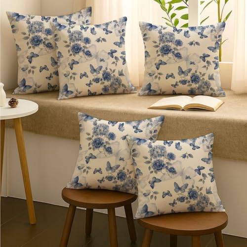 Image of Jaipur Weaves Cushion Cover 16 Inch X 16 Inch - Set of 5, Butterfly Print 180 GSM Decorative Soft Cushion Covers for Sofa /Bed /Chair, Gift for Home Decor (Blue Butterfly, 5)