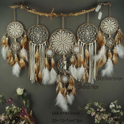5 Pcs/Set Large Dream Catchers Boho Wall Decor Feather Handmade Traditional Dream Catcher Wall Hanging Decor for Kids Bedroom Adult Living Room Home Bohemian Decorations (Hemp Rope) - Image 3