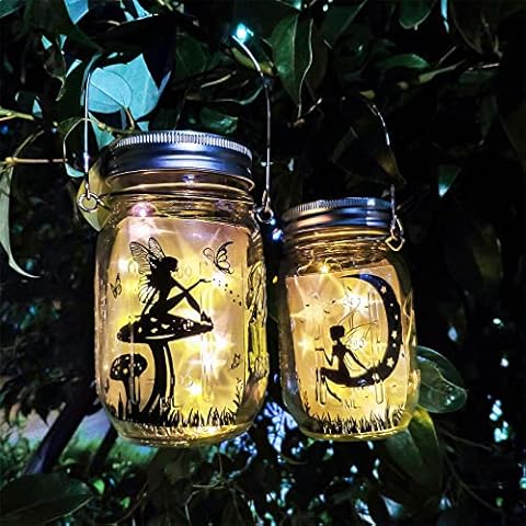 Garden Solar Light,Mason Jar Lights,2 Pack Solar Lantern Fairy Lights, Patio Lights Outdoor Waterproof Indoor Fairy Lights,Indoor Hanging Lantern for Garden Wedding Festival Decorative Lighting Cover