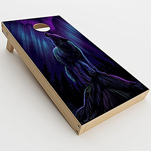 Skin Decals Vinyl Wrap for Cornhole Game Board Bag Toss (2xpcs.) / Wolf in Glowing Purple Background