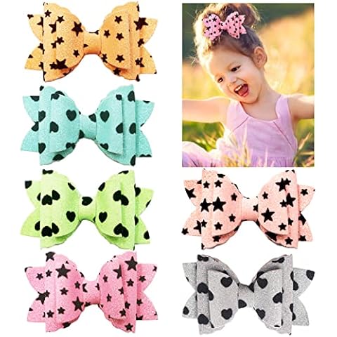 Leather Big Hair Bows Clips, MiDoDo 6 Pack Hair Bows Alligator Hair Clips for Girls Sequin Baby Bows for Hair 3.5 Inch Bows Clips Hair Barrettes for Baby Girls Toddlers Cover