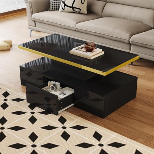 KOMHTOM Table Basse Moderne en Laque Brillante Noir, Petite Table avec tiroirs Table de Salon avec LED (Noir)