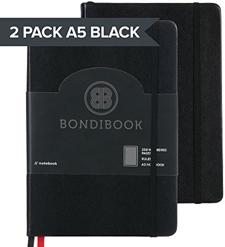 A5 Hardcover Lined Ruled Notebook Journal, 259 Numbered Pages, 2 Bookmarks, 4 Page Index, Bujo Lines Pages (2 Pack Lined, 2 Pack Black) Office Product