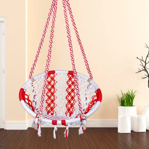 Image of Patiofy Cotton Netted Round Large Swing for Adults /Swing for Balcony /Swing Chair for Adults for Home /Hammock Swing for Adults /Swing Chair Wooden /Without Hanging Kit (120Kgs Weight Capacity White-Red)
