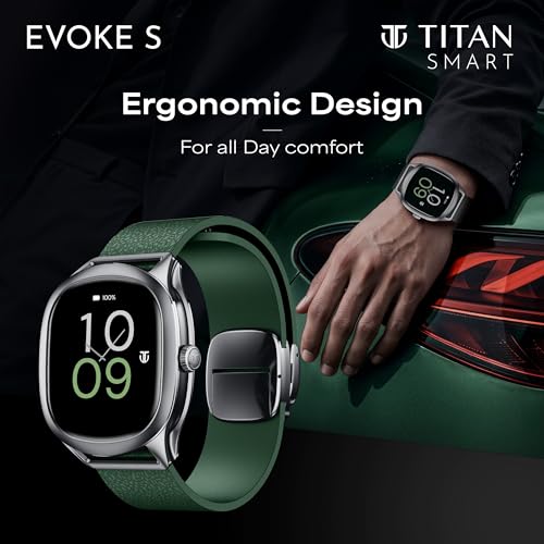 Image of Titan EVOKE S Smartwatch with 1.7 inch AMOLED Display,1000 Nits, AI Watch Faces, Rotary Crown, AI Chat, Smart Glance, Flush strap Transition,Magnetic Precision Buckle,BT Calling, 24 /7 Health Suite - Green