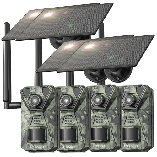 TMEZON 4 Pack 4K Trail Camera, 48MP Game Camera with Solar Panel, WiFi Bluetooth