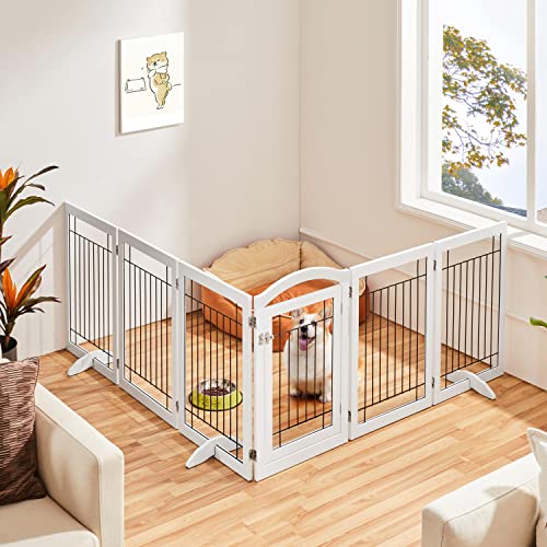 Image of Yaheetech 32-inch Tall Dog Gate with Door Extra Wide Pet Gate for Dogs, Foldable Wire & Wooden Puppy Safety Fence w /3 Support Feet,Freestanding Dog Gate for The House, Doorway, Stairs(White,6 Panels) | Sturdy Construction, Durable Support Feet, Tool-Free Setup, Fold Flat Barrier Ideal for Small /Medium Dogs, White