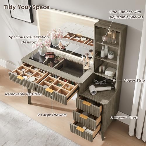 Image of T4TREAM 48 inch Fluted Makeup Vanity Desk with 36 inch Lighted Mirror, Brown Alder