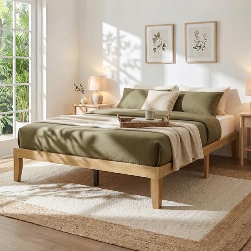 Image of elnure Bed Frame Queen Size, Wood Platform Bed Frame with Solid Wood Slats & Legs, Noise-Free, No Box Spring Needed, Easy Assembly, Minimalist Japandi Style