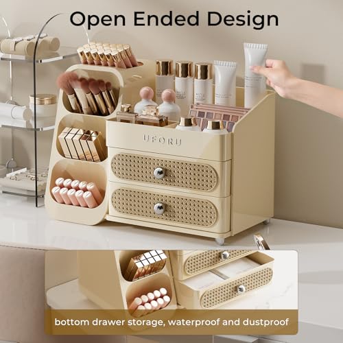 Image of UFORU Makeup Organizer for Vanity with Brush Holder, Large Capacity Bathroom Countertop Skincare Organizer with 2 Drawers, Cosmetic Display Case for Perfumes, Eyeshadow Palettes, Nail Polishes
