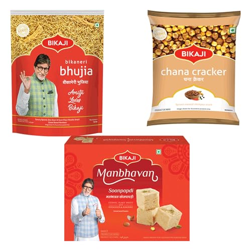 Bikaji Soan papdi manbhavan 500g & bhujia 200g & roasted chana cracker 200g | Indian Sweet & Savory Snack Combo | 900g (31.74oz) Gift Pack