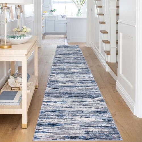 2.6x16 Navy Blue Gray Neutral Multi Modern Abstract Runner Rug for Hallways, Super Soft Hallway Decor Kitchen Rugs with Non-Slip, Non-Shedding Washable Rug for Entryway Bedroom Indoor