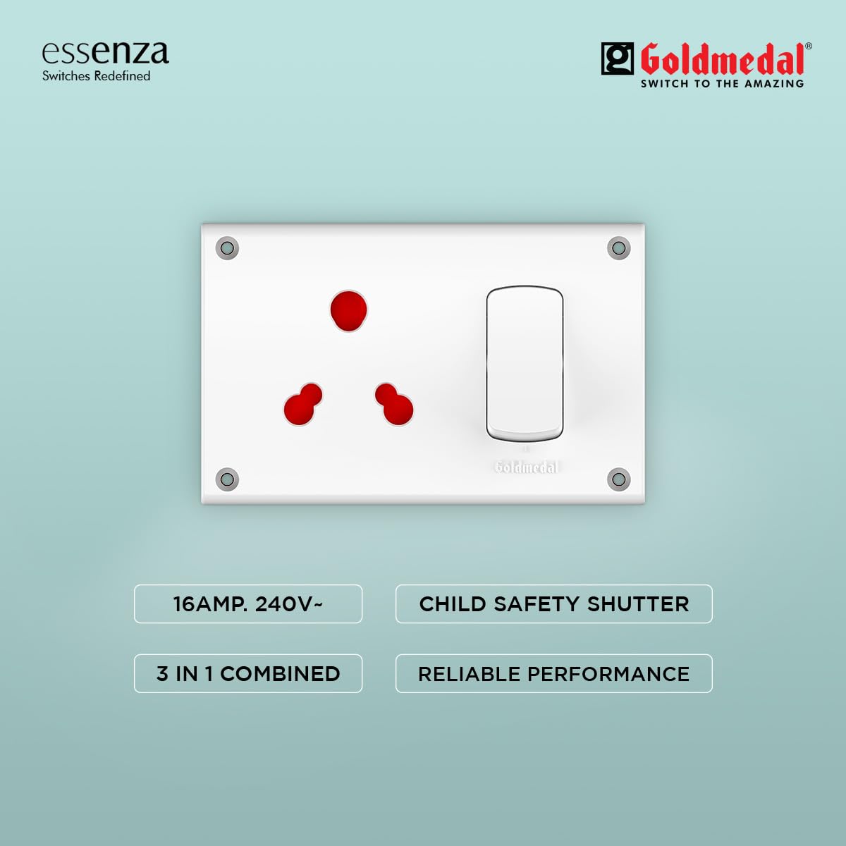 Goldmedal Essenza 16A Modular Switch Socket with Junction Box | 3 in 1 Heavy-Duty Power Socket with Switch | Ideal for Home & Office Use | White — Amazon image 2