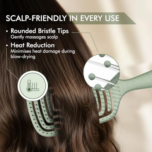 Image of konic Me Flexi Paddle Hair Brush IKM-3017 - Eco Concious, Flexible Maze Design, Wheat Straw & ABS Body, Scalp-Adaptive Comfort, Ion Anti-Frizz Bristles, Wet & Dry Detangling - Jade Green