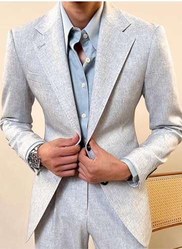 Mens Linen Suit 2 Piece Slim Fit Summer Beach Wedding Dress Tux Prom Suit Blazer Jacket and Pants3