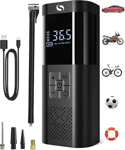 SERVOMASTER Rechargeable Tyre Inflator Air Compressor with Pressure Gauge - 150PSI Electric Pump for Cars, Bikes, and Balls with LED Light