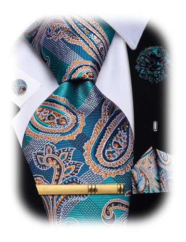 Image of YourTies Silk Paisley Floral Tie and Pocket Square Cufflinks with Lapel Pin Sets for Men 5PC Wedding Party