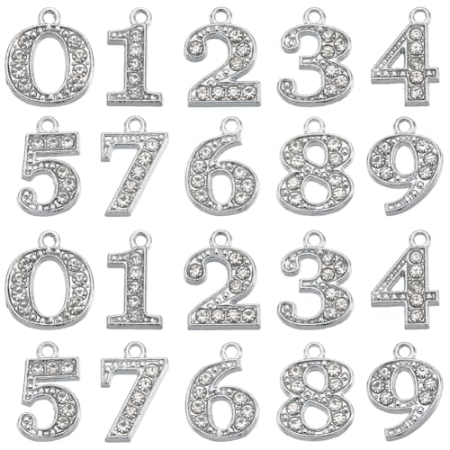 SUNNYCLUE 1 Box 40Pcs Rhinestone Number Charms Silver Numbers Charm Bulk Alloy Rhinestone Figure 0~9 Lucky Sports Numeral Charms for Jewelry Making Charms Necklace Bracelet Earrings Athletes Crafts