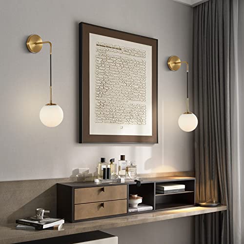 Image of KCO Lighting Frosted White Glass Wall Sconce Set of Two Brass Gold Globe Ball Wall Light Adjustable Cord Industrial Vanity Wall Lamp for Bathroom Mirror Bedside Stairs (White)