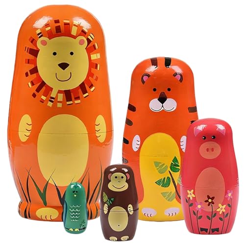 TENGWA Poupee Russe 5 Pièces Matriochka Empilables Russian Doll Animaux de Dessin Animé Fabriqué à Main en Bois Décoration de Meubles Cadeau Anniversaire...