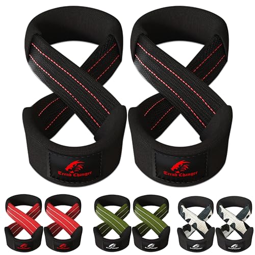 Trend Changer Figure 8 Lifting Strap Padded Deadlift Straps Heavy Duty Weight Lifting Straps Strongman Axle Bar Straps Weightlifting Wrist Wraps (Medium (Upto 8.0'' Wrist Circumference), Black/Red)