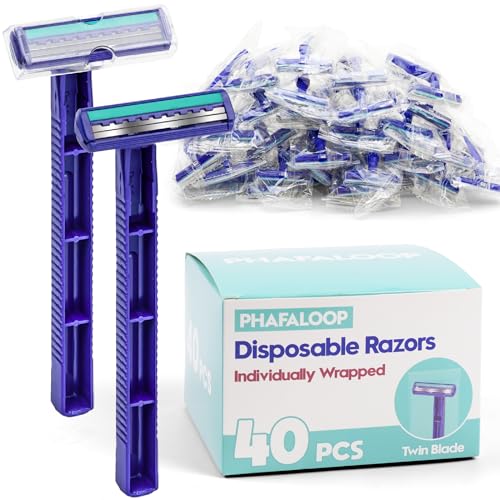 Phafaloop Individually Wrapped Twin Blade Disposable Razors 40 Pack Stainless Steel Shavers with Lubricating Strip Safety Cap & Non-Slip Handle for Sensitive Skin Travel Hotel Hygiene Use