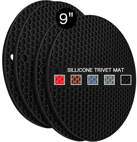Image of 4 Pack Silicone Trivet Mats, 9 Inch Flexible Heat Resistant Silicone Hot Pads Pot Holders for Kitchen Counter, Round Trivets for Hot Dishes - Potholders Jar Opener(Black)