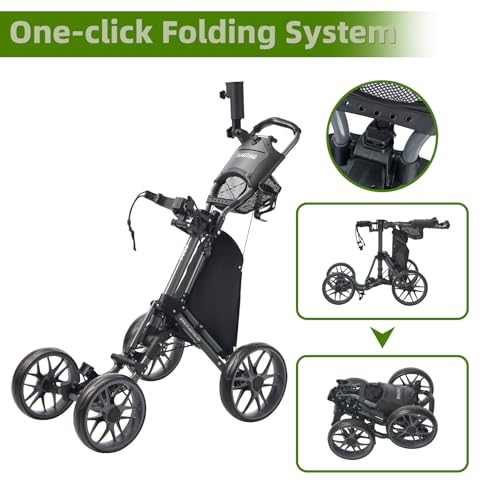 Image of Golf Push Cart 4-Wheels,Folding Golf Cart, Golf Pull cart with Cup Holder,Umbrella Holder,Cooler Bag, Foldable with one-Click,Handle Height Adjustable,Drink Holder,Walking Push cart