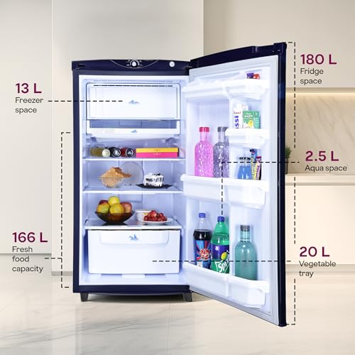 Image of Godrej 180L 2 Star Direct Cool Single Door Refrigerator with 5 Year Comprhensive Warranty, Jumbo Vegetale Tray, Toughened Glass shelves (RD EDGE 205BN THF PP BL, Pep Blue)