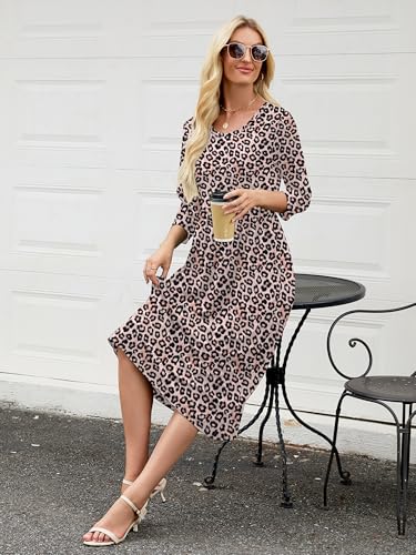 Image of Heymoments Women's Casual 3 /4 Sleeve Midi Dress Crewneck A Line Tiered Flowy Loose Travel Long Dresses with Pockets