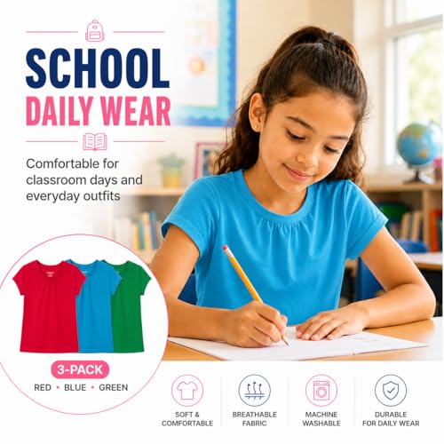 Image of Bienzoe Plain Solid Girls T-Shirts: School Basic Tee 3-Pack | Short Sleeve, Ages 4-13, PE, Recess, Outdoor Play, Soft Cotton Blend, Breathable Quick-Dry, Easy Care, Easy to Mix and Match
