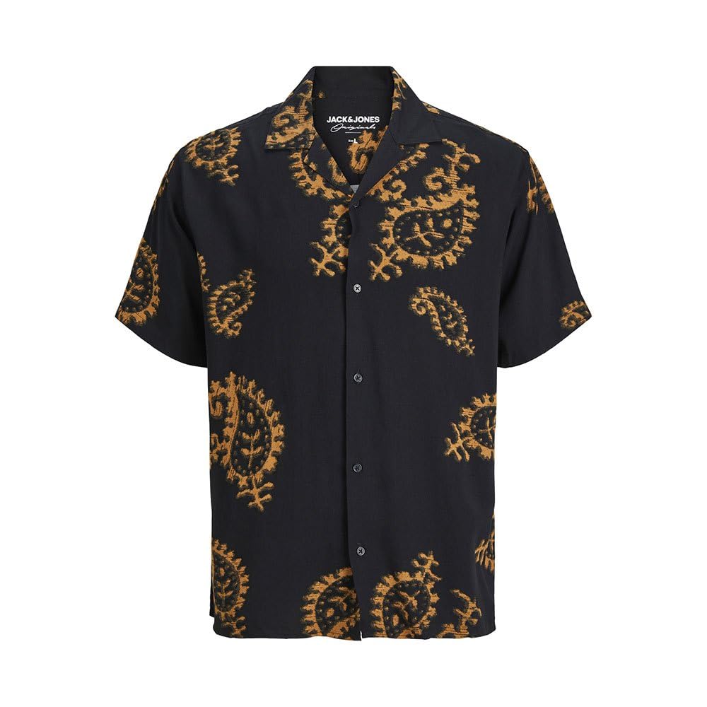 JACK & JONES Herren JORLUKE Party AOP Shirt SS BLK Kurzarmhemd 12251079,Schwarz,S