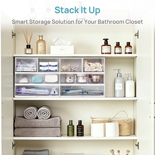Image of Vtopmart 2 Pack Clear Stackable Storage Drawers,12.1''W Plastic Organizers Bins for Beauty Supplies, Ideal for Vanity, Bathroom, Cabinet, Room Organization, White