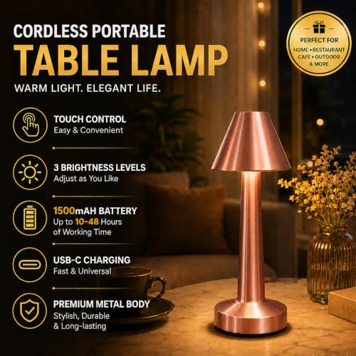 Image of One94Store Rechargeable LED Table Lamp with Touch Control | Cordless Portable Desk Lamp, 3 Color Dimmable Lighting | Rose Gold Metal Lamp for Bedroom, Living Room, Restaurant, Study, Cafe & Home Decor