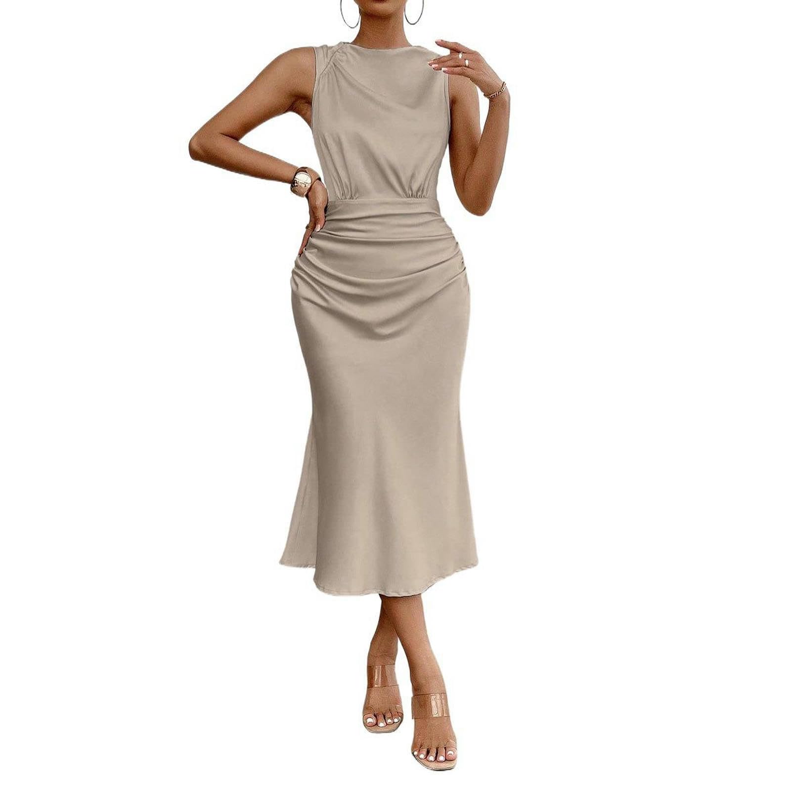 Robe Midi pour Femmes, Élégante Sexy De Soie Drapée Cou Rond Et Élégante-Blanc Cassé-s